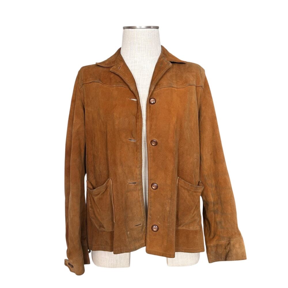 Vintage LL Bean Suede Jacket Womens Sz Medium 70s Deerskin Script Logo Utility